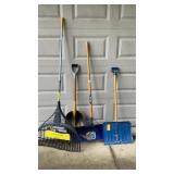 Scoop shovel and snow, shovels, and rake