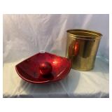 Red ball and dish, metal trashcan