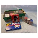 Miscellaneous box of cards, games, and poker