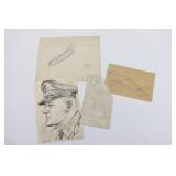 (4) Original Pencil Drawings From WWII
