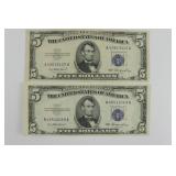 (2) Series 1953 Five Dollar Silver Certificates