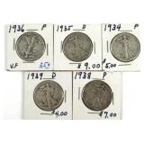 (5) Walking Liberty Liberty Half Dollar