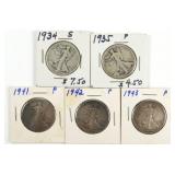 (5) Walking Liberty Liberty Half Dollar