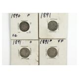 (4) Seated Liberty Dimes. 1890 & 91