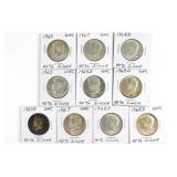 (10) 40% Silver Kennedy Half Dollars. 1965-1969