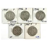 (5) Walking Liberty Liberty Half Dollar