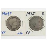 (2) Barber Half Dollars. 1909 & 1915-D