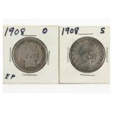 (2) Barber Half Dollars. 1908-O & 1908-S