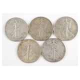 Lot of (5) Walking Liberty Half Dollars