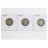 (3) Barber Quarters. 1912, 1915, & 1915-D