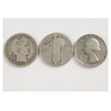 (3) Silver US Quarters. Early 20th Century