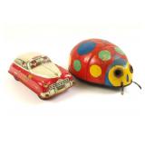 Vtg Tin Litho Toys: Ladybug & Fire Chief