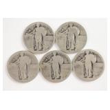 (5) Silver Standing Liberty Quarters.