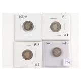 (4) Barber Dimes. 1903-O, 1911, 1912