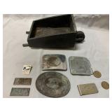 Vintage belt buckles, tiny wheel barrow, money