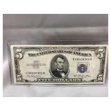 1953, $5.00 silver certificate in plastic sleeve