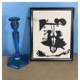 Vintage silhouette framed pic & blue glass candle