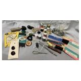 Vintage sewing items-buttons, hooks, spools, more