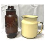 Vintage enamelware pitcher & amber glass decanter