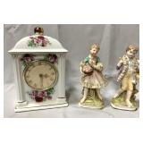 Vintage porcelain lace figurines & mantle clock-8"
