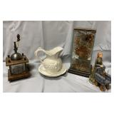 Vintage grinder, pitcher & bowl & more