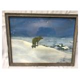 Antique wolf overlooking house in snow litho
