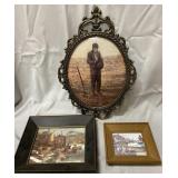 Vintage foil art framed boat scenes & metal round