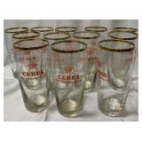 12 Ceres Danish beer glasses with gold trim.