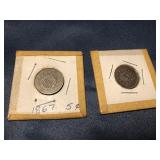 1867 & 69  shield nickels