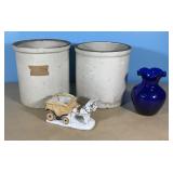 Vintage 6" crocks, Japan figurine and blue vase