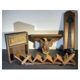 Vintage wood Eagle shelf, wood & metal sconce,