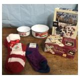 NEW slipper socks, also some games & bowls