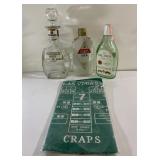 Retro CRAPS felt, whiskey decanters and bottles