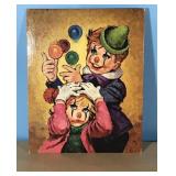 Vintage Kids as Clowns litho print on board-10"x8"