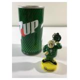 Vintage top-sealed 7-up can (open on bottom), more