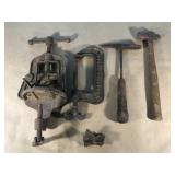 Vintage vice, clamp and hammers