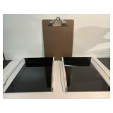 2 plastic filing trays and a clipboard