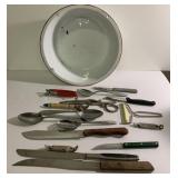 Vintage enamalware 12" across bowl & utensils