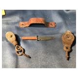 Vintage small pulleys, knife & handle