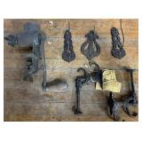 Antique metal meat grinder, lion head and double