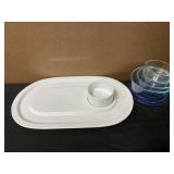 Stoneware serving tray with bowl and 4 piece