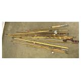 Vintage Wooden Fishing Poles and Fiberglass Pole
