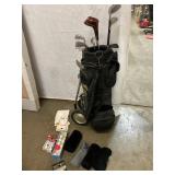 Golf clubs, bag and pull cart and accessories
