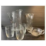 Depression glass etched pitcher, tumblers & more