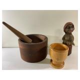 Vintage wood items-applesauce pedtle, bowls & more