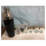 Vintage bar shaker, also shot glasses-Snap-On,
