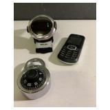 Padlock, uncharged cell phone and MP3 player