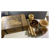 Vintage wood-box (16x11x5) & motar & Pestles