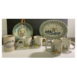 Vintage Boledlawiec Poland snowman tray, stone-