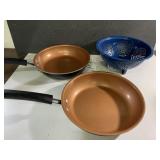 2 Farberware coated skillets and an enamelware